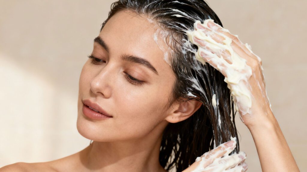 Deep conditioning treatment helping restore moisture to dry hair