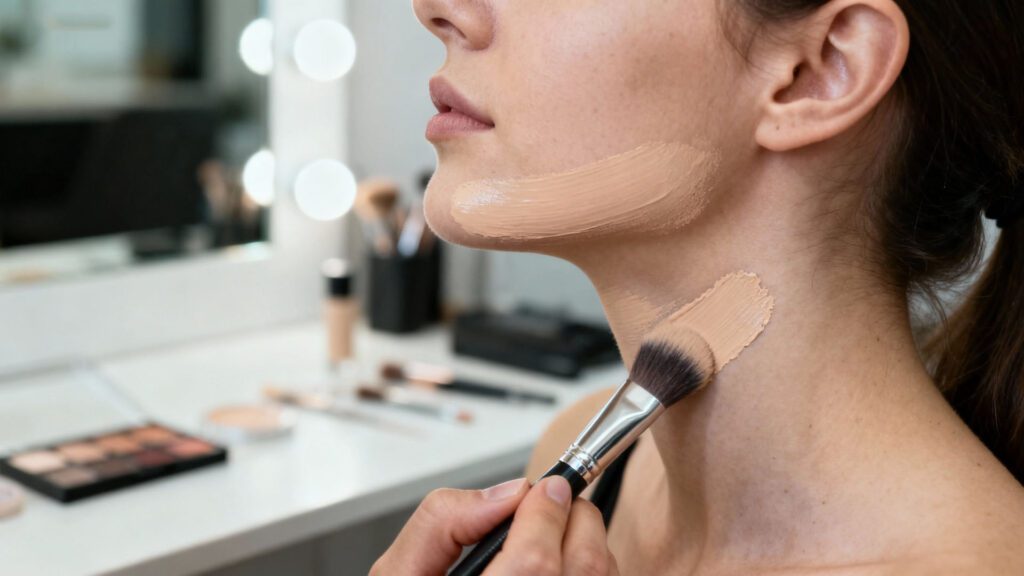 Testing foundation shade along jawline and neck