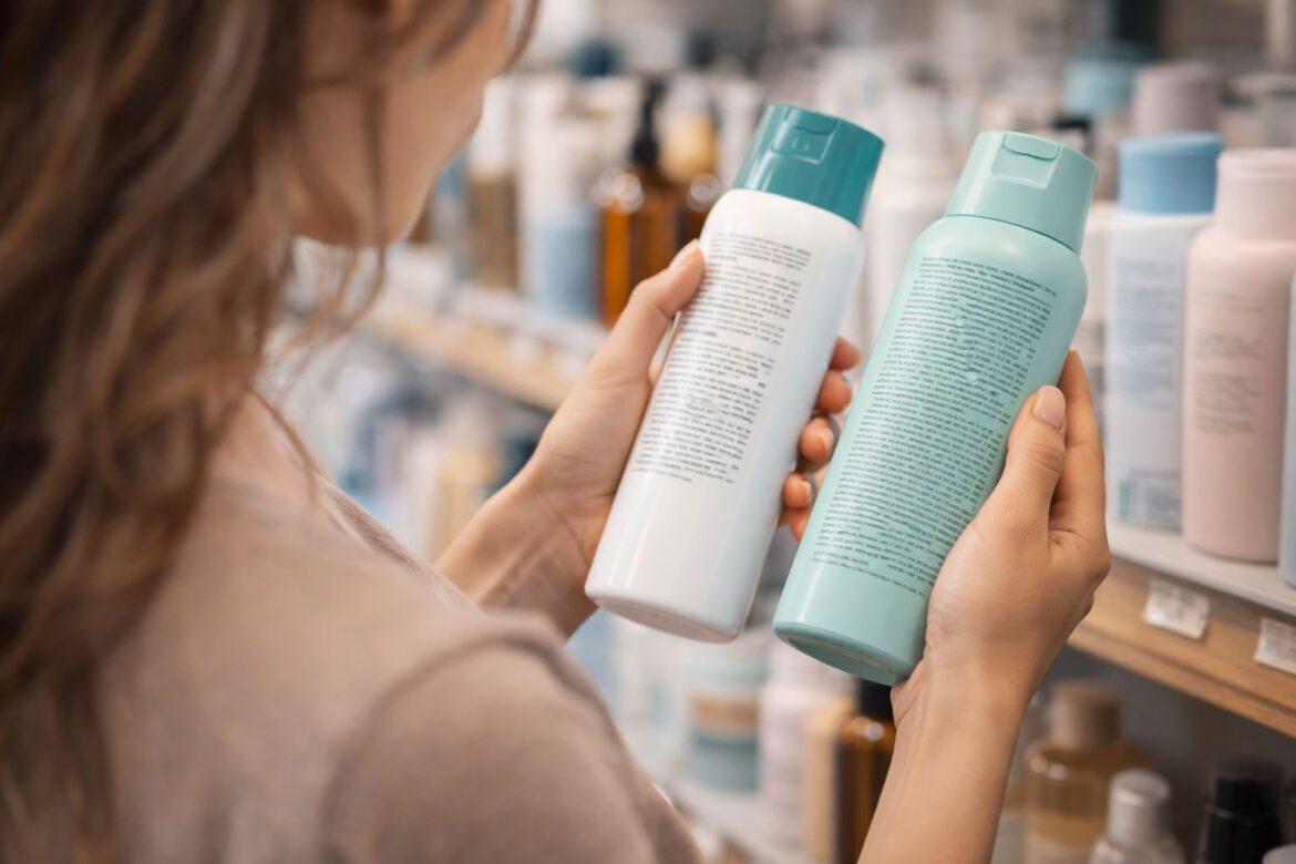 Woman reading ingredient labels on hair care products to choose the best products for dry hair