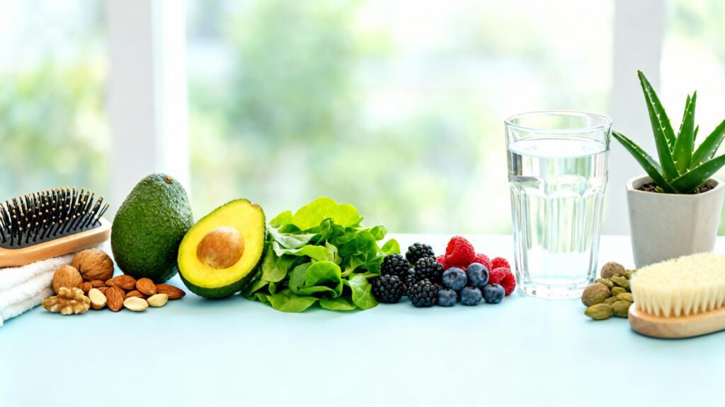 Healthy diet and hydration supporting dry hair care and moisture