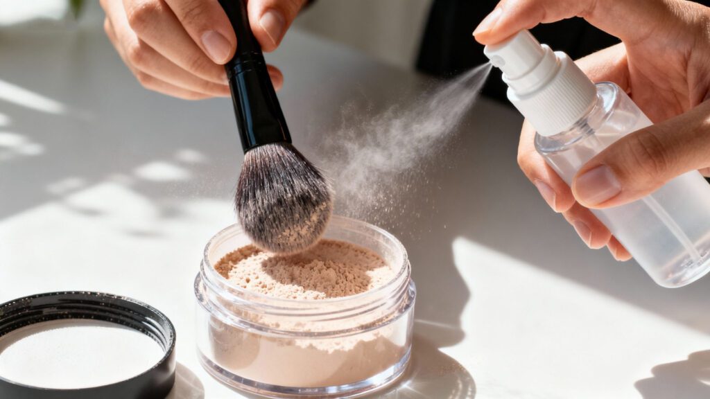Setting makeup with powder and setting spray
