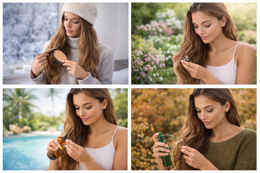 Adjusting dry hair care routine by season to protect moisture in winter and summer