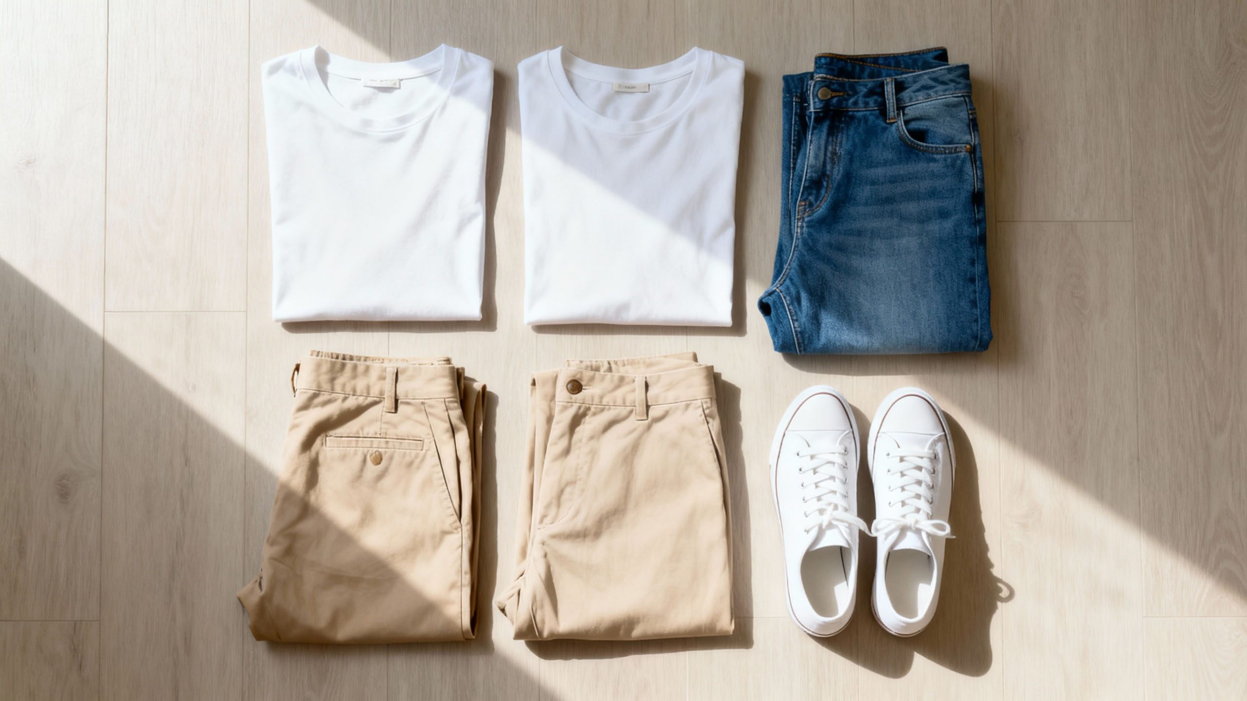 Essential casual wardrobe basics laid out neatly