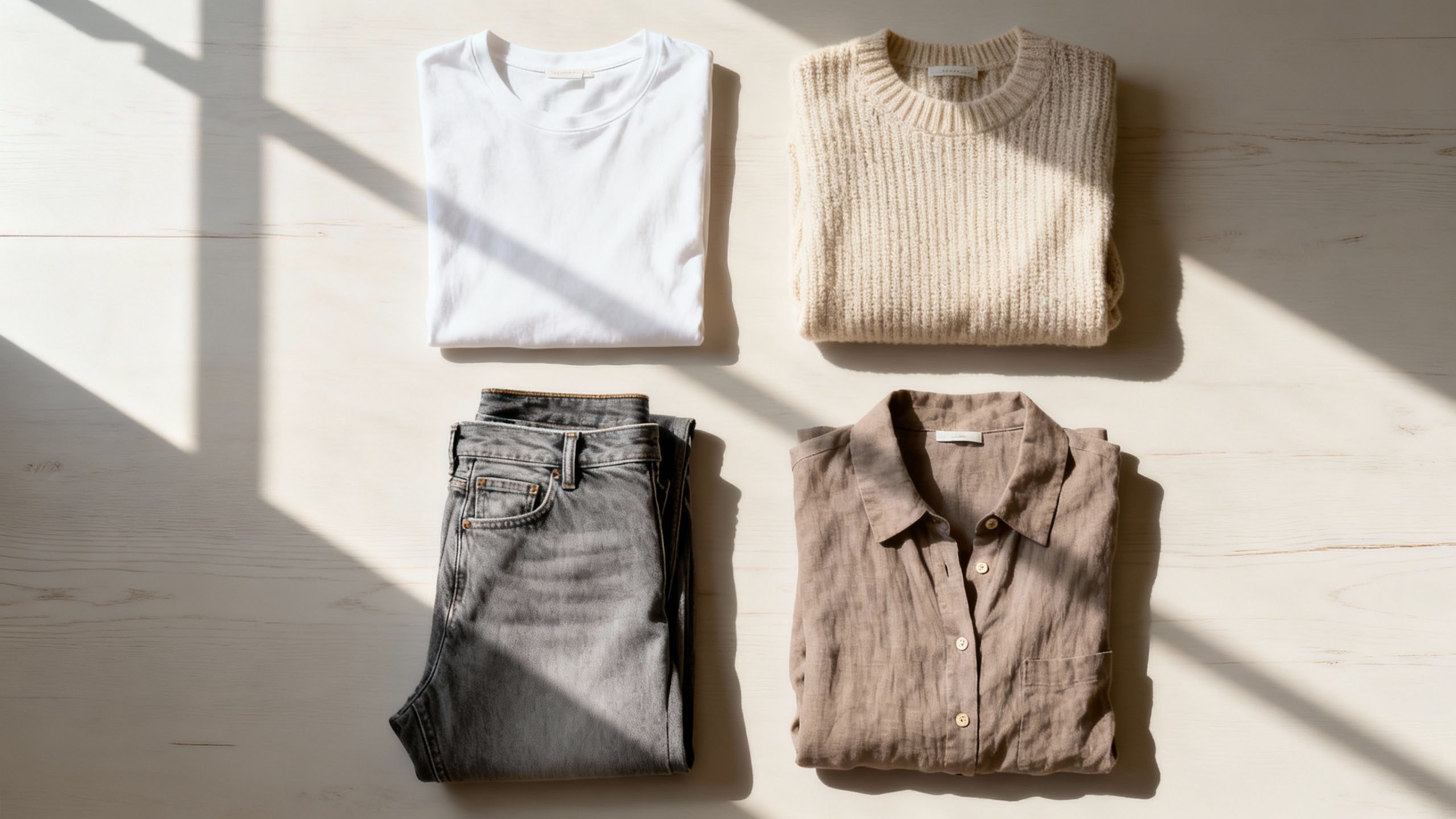 Neutral casual fashion basics laid out neatly