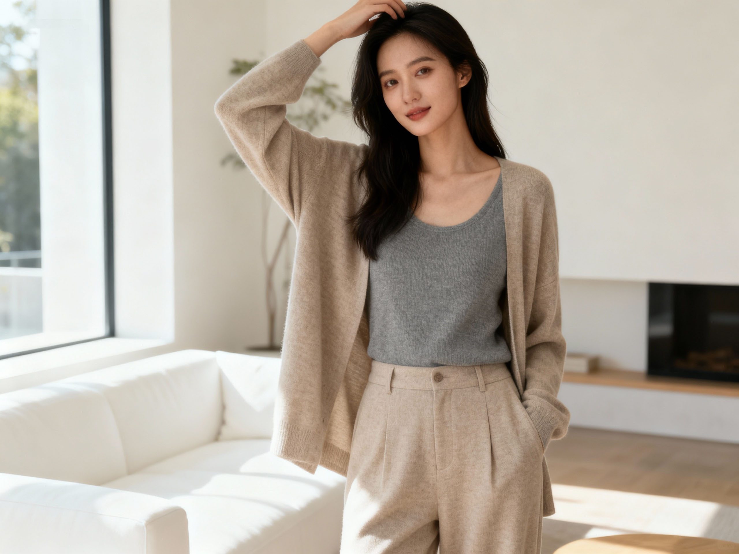 Neutral clothing colors creating balanced outfit