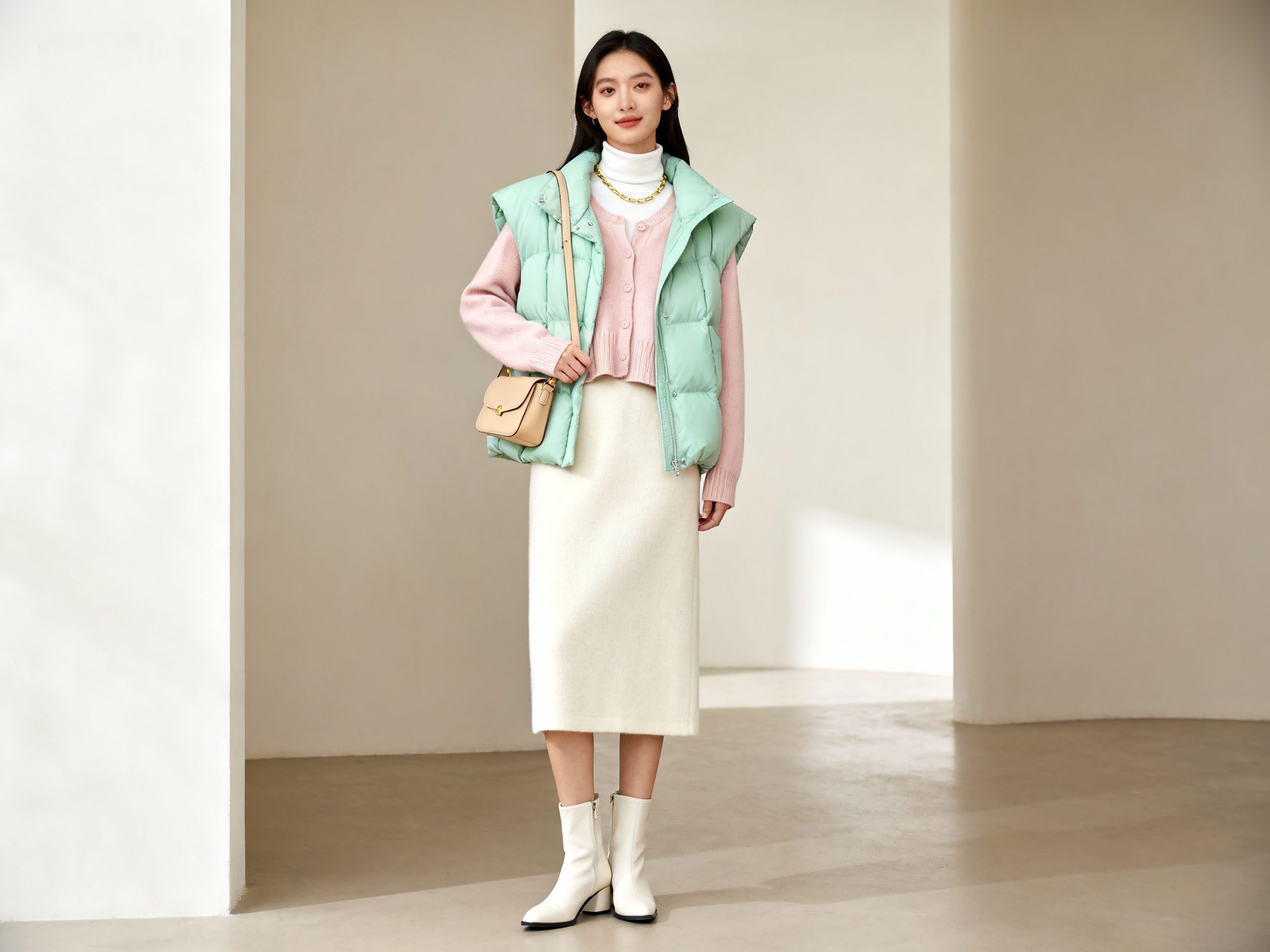 Layered outfit transitioning from winter to spring