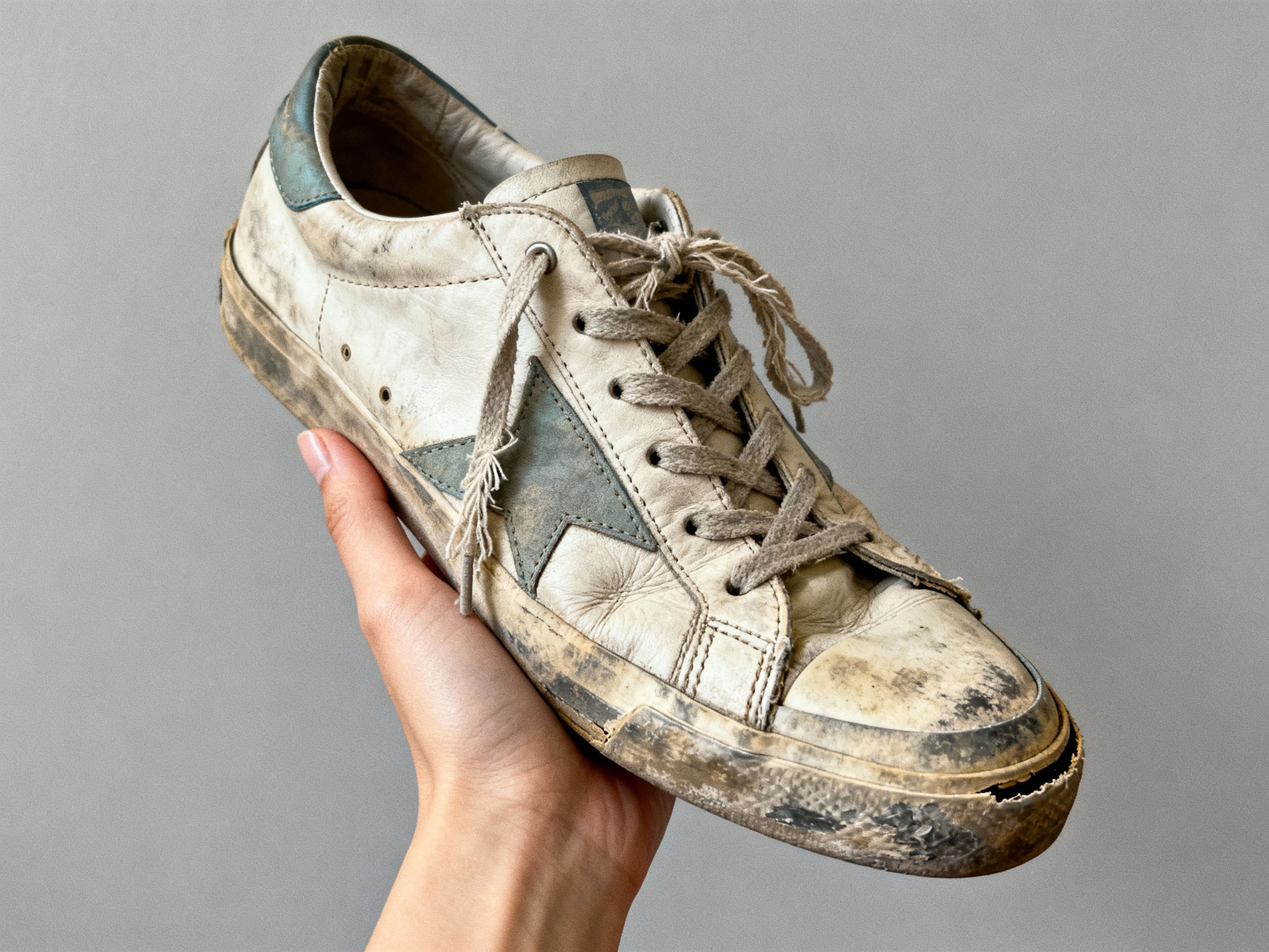 Worn-out casual shoes ruining an outfit