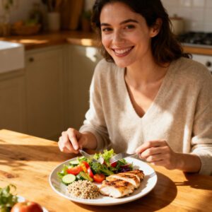 woman enjoying a healthy homemade meal