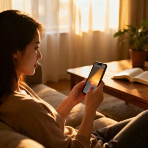 woman using smartphone mindfully