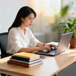 woman working productively with technology